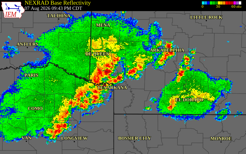 NEXRAD radar during the Friday, August 7, 2026 storm activity in Sevier County, Arkansas