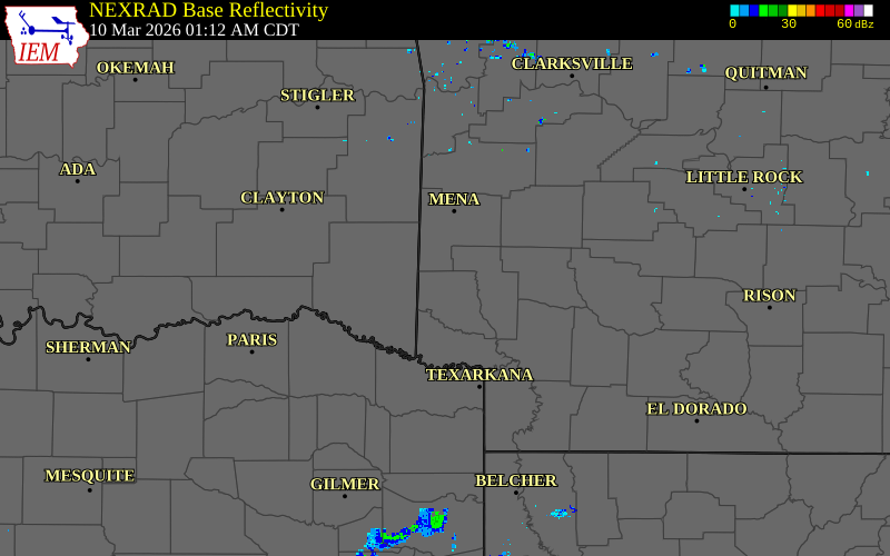 Radar snapshot during the Mar 10, 2026 tornado event near 2 SSE Gillham, Sevier County, Arkansas, with NWS warning polygons