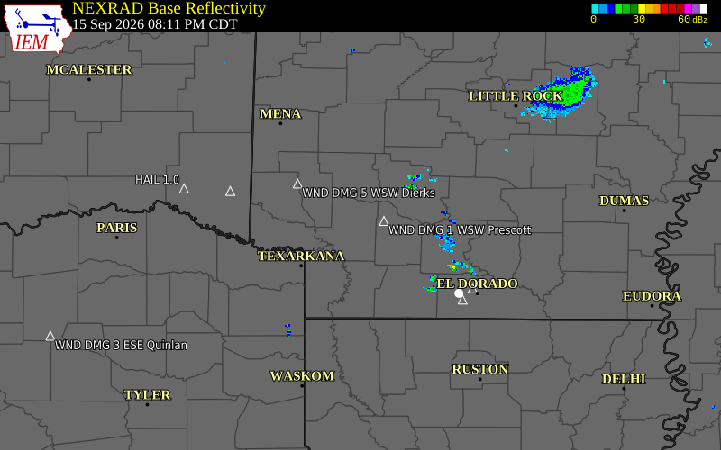 Current NEXRAD radar over Sevier County, Arkansas with recent storm report locations