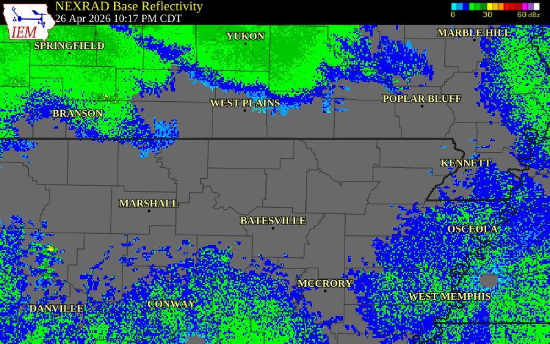 NEXRAD radar during the Sunday, April 26, 2026 storm activity in Sharp County, Arkansas