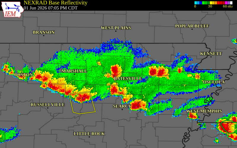 NEXRAD radar during the Monday, June 1, 2026 storm activity in Sharp County, Arkansas