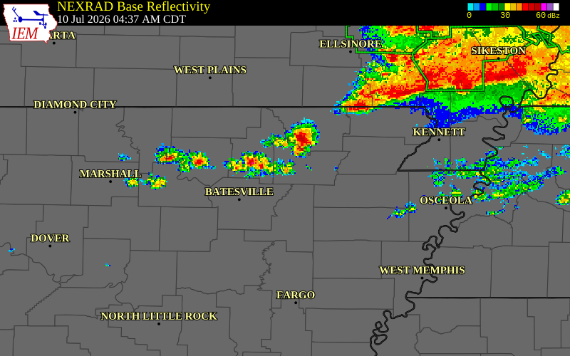 NEXRAD radar during the Friday, July 10, 2026 storm activity in Sharp County, Arkansas