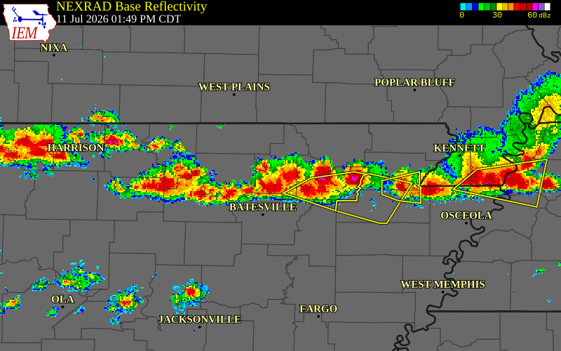 NEXRAD radar during the Saturday, July 11, 2026 storm activity in Sharp County, Arkansas
