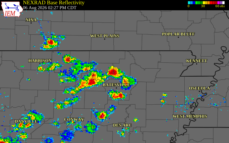 NEXRAD radar during the Thursday, August 6, 2026 storm activity in Sharp County, Arkansas