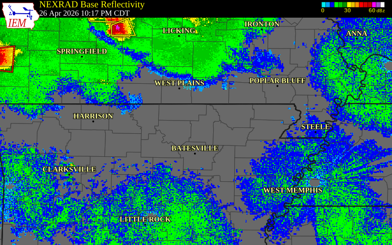 Radar snapshot during the Apr 26, 2026 hail event near Ash Flat, Sharp County, Arkansas, with NWS warning polygons