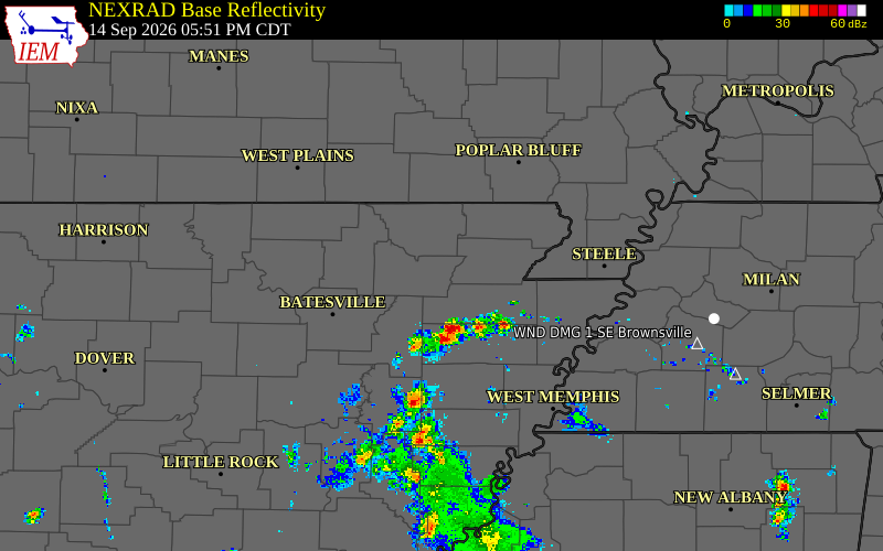 Current NEXRAD radar over Sharp County, Arkansas with recent storm report locations