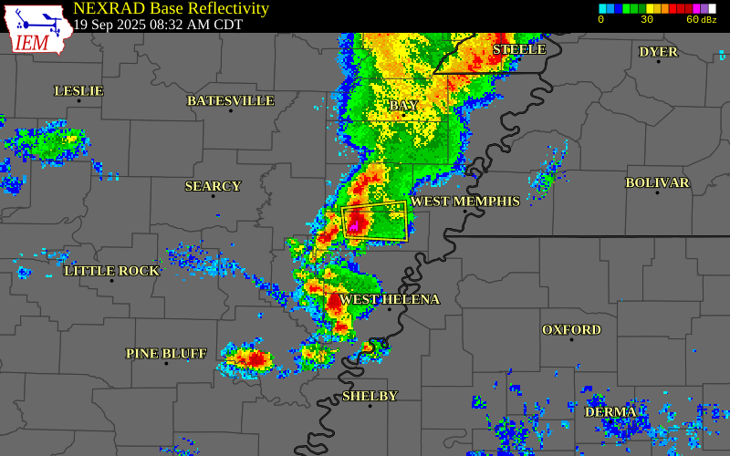 NEXRAD radar during the Friday, September 19, 2025 storm activity in St. Francis County, Arkansas