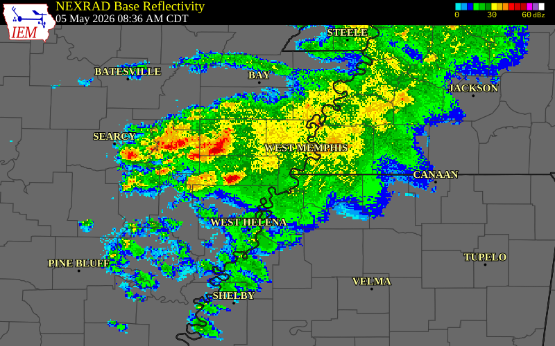 NEXRAD radar during the Tuesday, May 5, 2026 storm activity in St. Francis County, Arkansas