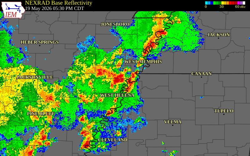 NEXRAD radar during the Tuesday, May 19, 2026 storm activity in St. Francis County, Arkansas