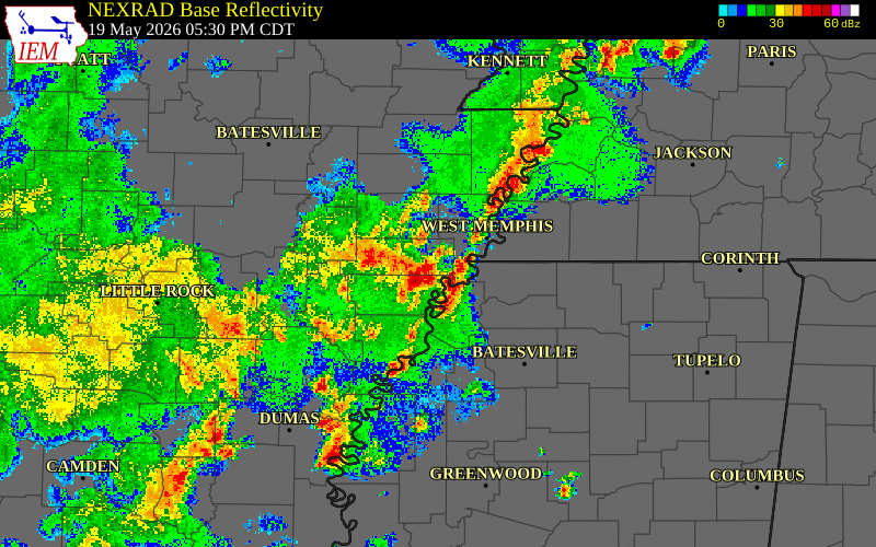 Radar snapshot during the May 19, 2026 tornado event near 3 SW Hughes, St. Francis County, Arkansas, with NWS warning polygons