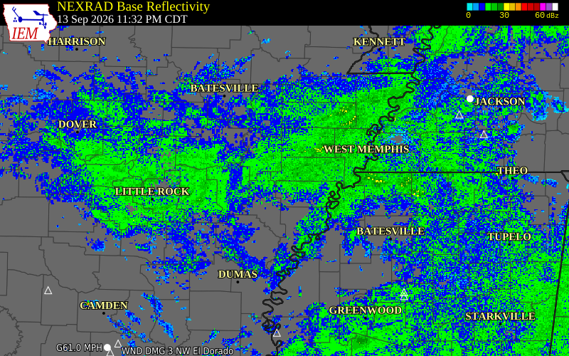 Current NEXRAD radar over St. Francis County, Arkansas with recent storm report locations
