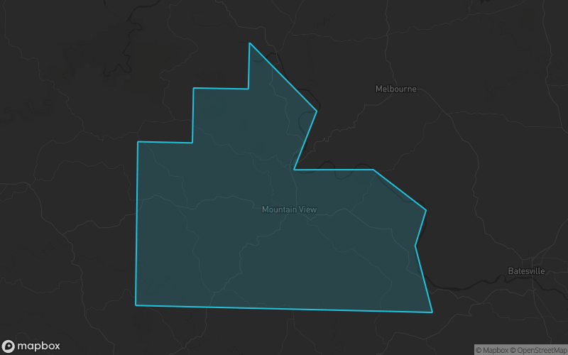 Map of Stone County, Arkansas showing the county boundary and surrounding cities