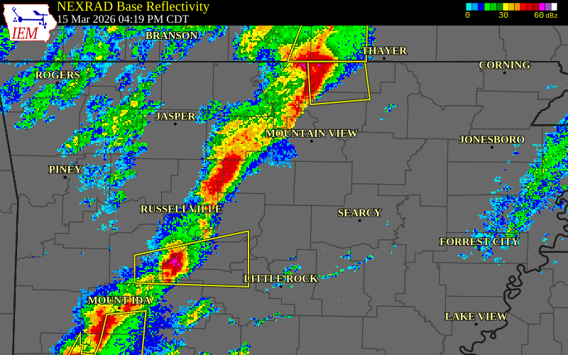 NEXRAD radar during the Sunday, March 15, 2026 storm activity in Stone County, Arkansas