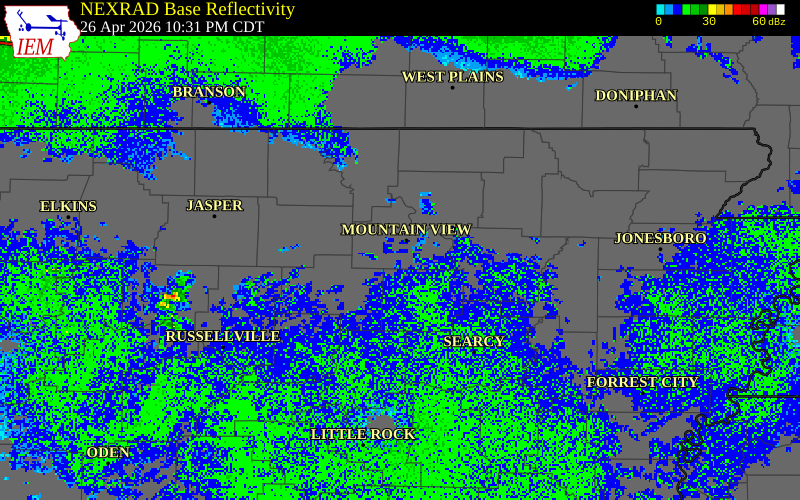 NEXRAD radar during the Sunday, April 26, 2026 storm activity in Stone County, Arkansas
