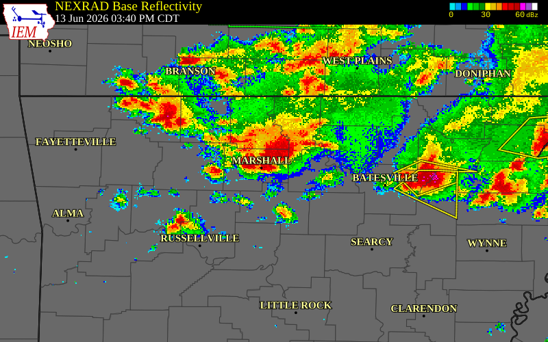 NEXRAD radar during the Saturday, June 13, 2026 storm activity in Stone County, Arkansas
