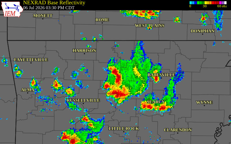 NEXRAD radar during the Monday, July 6, 2026 storm activity in Stone County, Arkansas