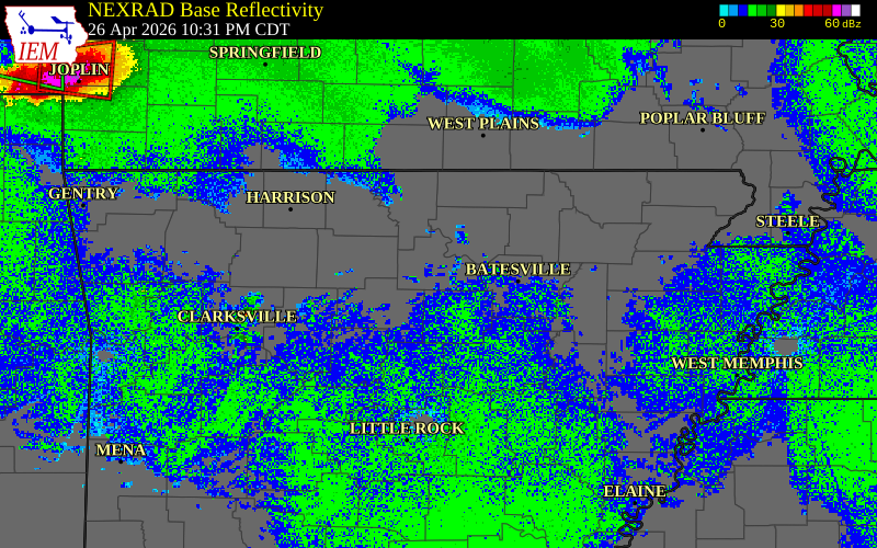 Radar snapshot during the Apr 26, 2026 tornado event near 2 NW Hanover, Stone County, Arkansas, with NWS warning polygons