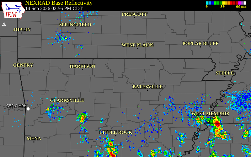 Current NEXRAD radar over Stone County, Arkansas with recent storm report locations