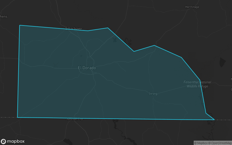 Map of Union County, Arkansas showing the county boundary and surrounding cities