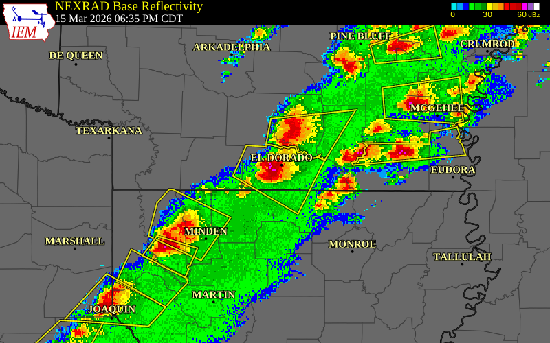 NEXRAD radar during the Sunday, March 15, 2026 storm activity in Union County, Arkansas