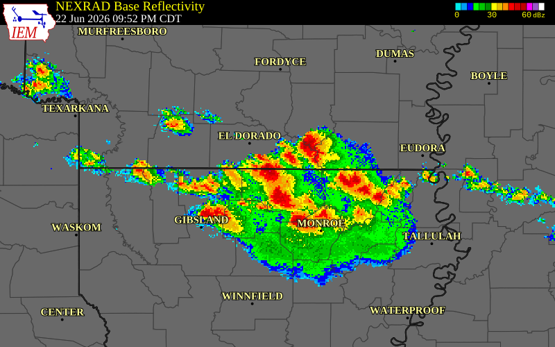NEXRAD radar during the Monday, June 22, 2026 storm activity in Union County, Arkansas