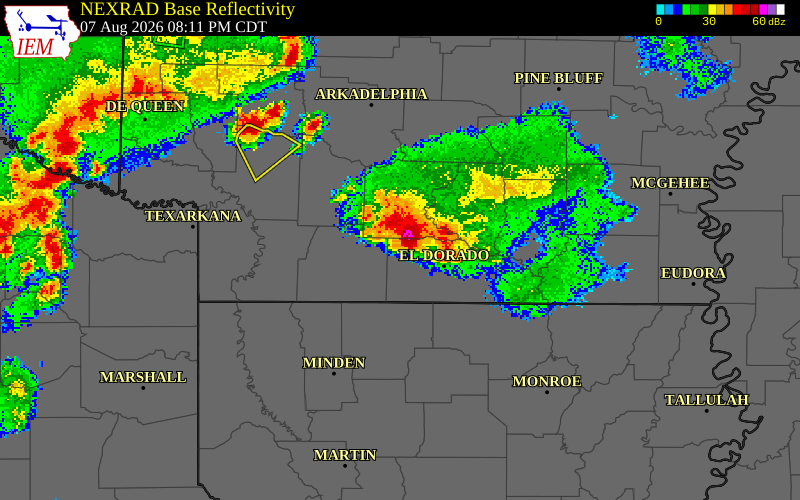 NEXRAD radar during the Friday, August 7, 2026 storm activity in Union County, Arkansas