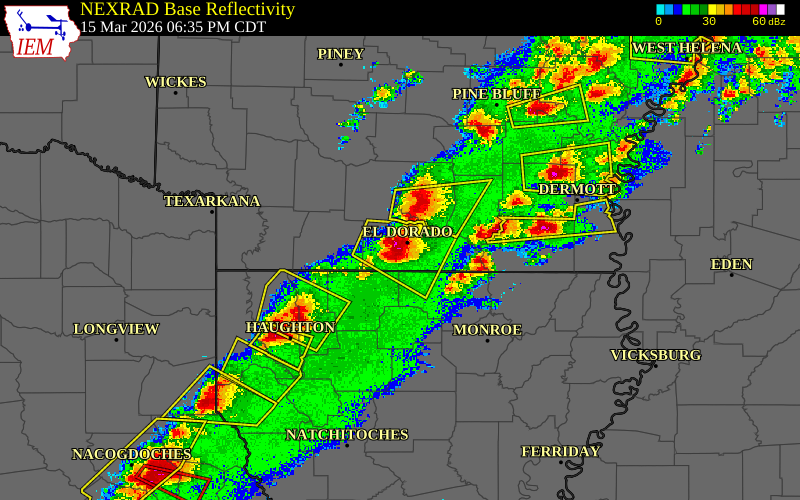 Radar snapshot during the Mar 15, 2026 hail event near 5 SW El Dorado, Union County, Arkansas, with NWS warning polygons