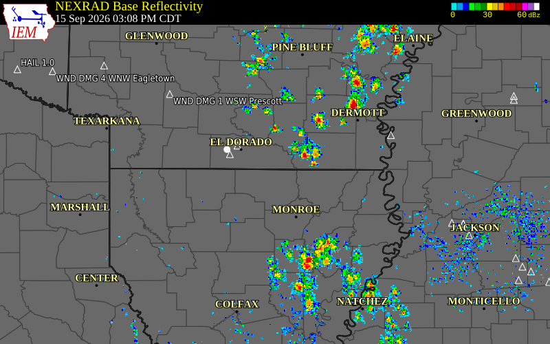 Current NEXRAD radar over Union County, Arkansas with recent storm report locations