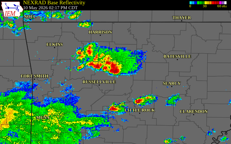 NEXRAD radar during the Sunday, May 10, 2026 storm activity in Van Buren County, Arkansas