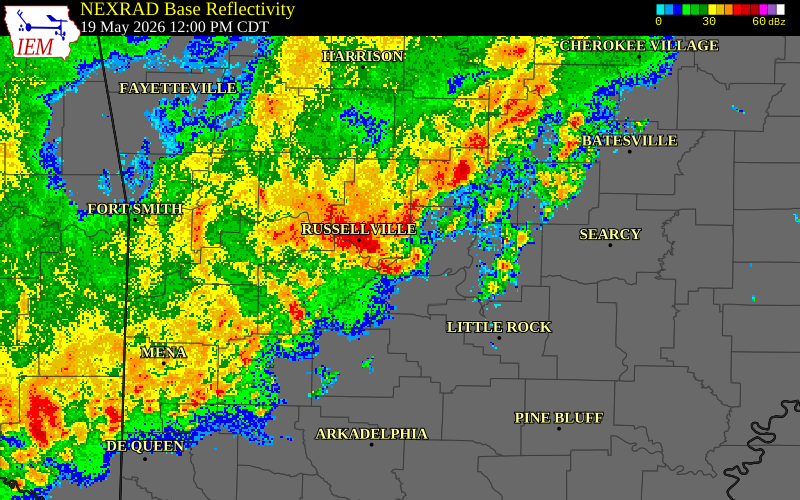 NEXRAD radar during the Tuesday, May 19, 2026 storm activity in Van Buren County, Arkansas