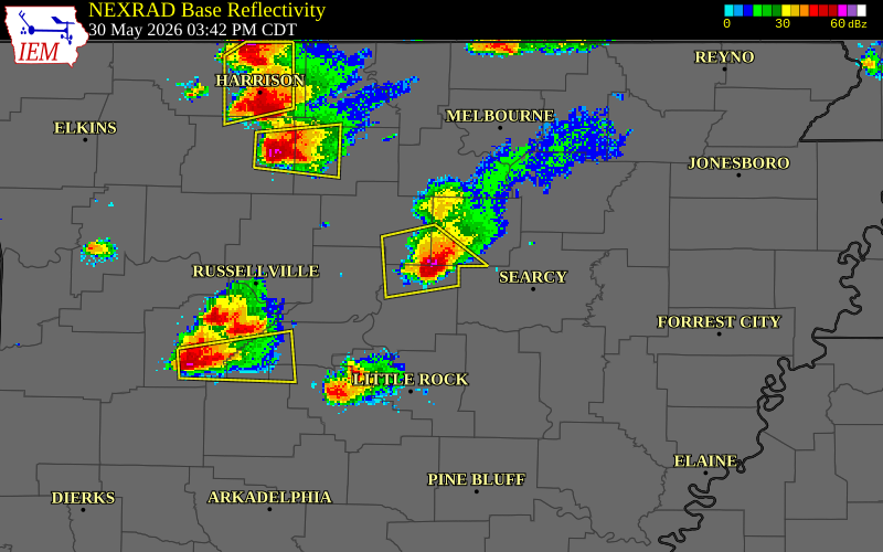 NEXRAD radar during the Saturday, May 30, 2026 storm activity in Van Buren County, Arkansas