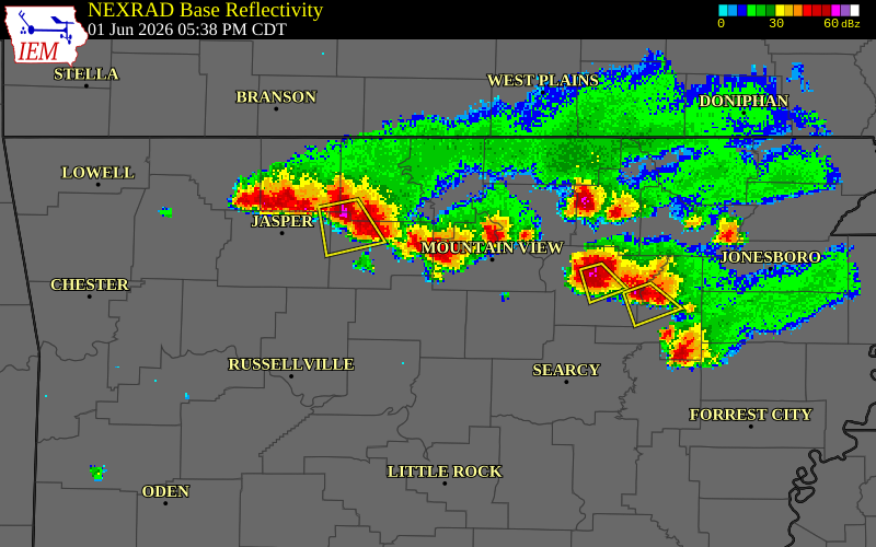 NEXRAD radar during the Monday, June 1, 2026 storm activity in Van Buren County, Arkansas