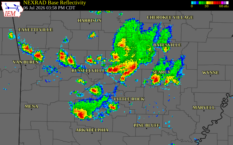 NEXRAD radar during the Monday, July 6, 2026 storm activity in Van Buren County, Arkansas
