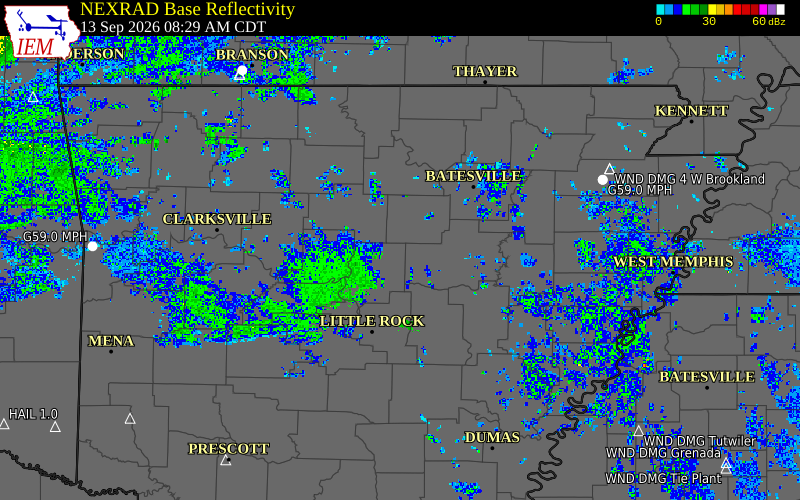 Current NEXRAD radar over Van Buren County, Arkansas with recent storm report locations