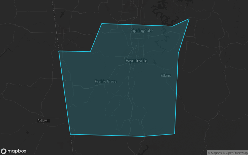 Map of Washington County, Arkansas showing the county boundary and surrounding cities