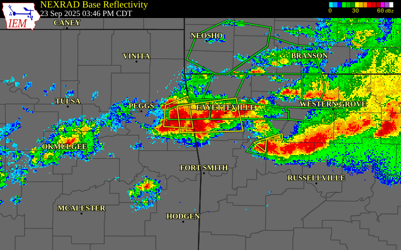 NEXRAD radar during the Tuesday, September 23, 2025 storm activity in Washington County, Arkansas