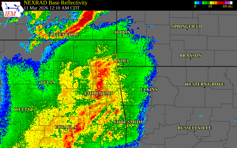 NEXRAD radar during the Wednesday, March 11, 2026 storm activity in Washington County, Arkansas