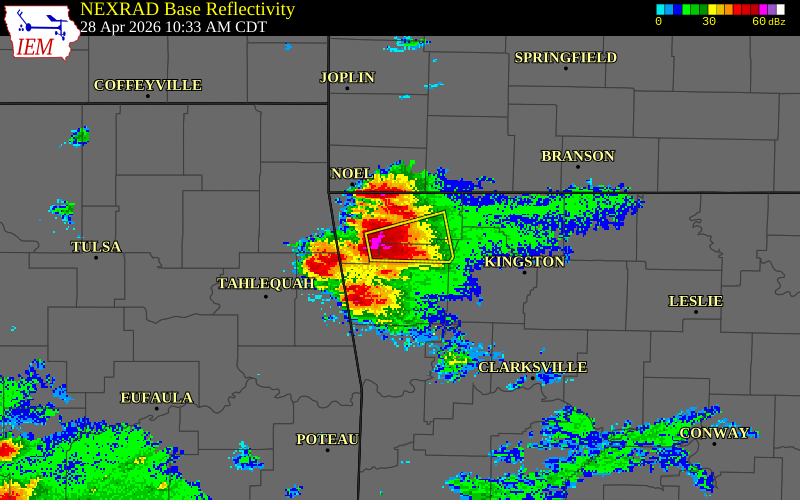 NEXRAD radar during the Tuesday, April 28, 2026 storm activity in Washington County, Arkansas