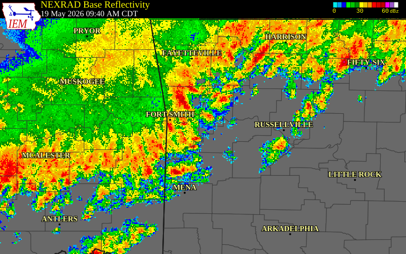 NEXRAD radar during the Tuesday, May 19, 2026 storm activity in Washington County, Arkansas