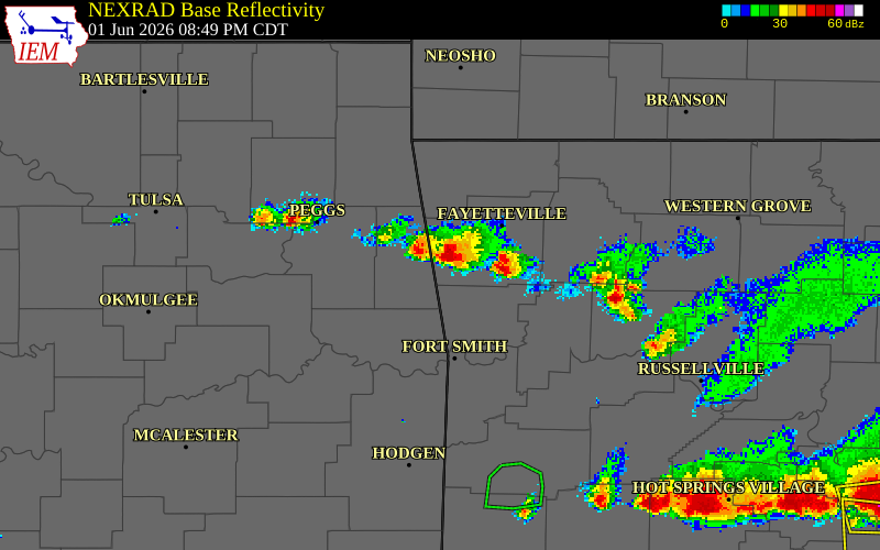 NEXRAD radar during the Monday, June 1, 2026 storm activity in Washington County, Arkansas