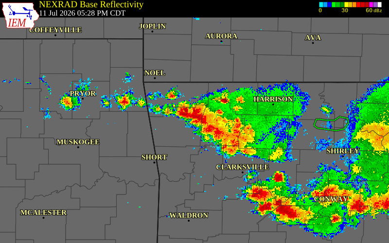NEXRAD radar during the Saturday, July 11, 2026 storm activity in Washington County, Arkansas