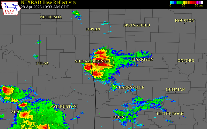 Radar snapshot during the Apr 28, 2026 hail event near 3 NE Tontitown, Washington County, Arkansas, with NWS warning polygons