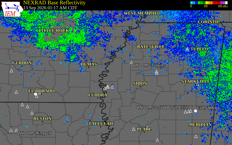 Current NEXRAD radar over Washington County, Arkansas with recent storm report locations