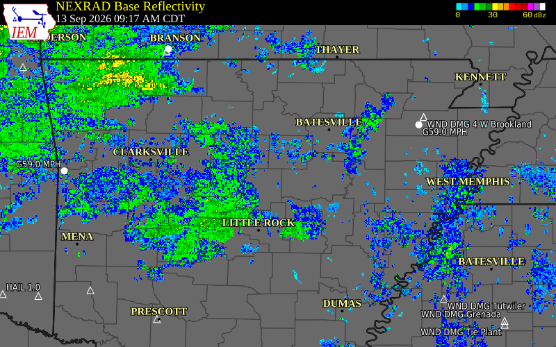Current NEXRAD radar over White County, Arkansas with recent storm report locations