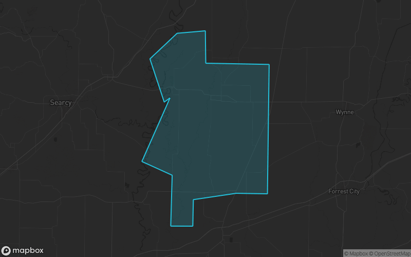 Map of Woodruff County, Arkansas showing the county boundary and surrounding cities