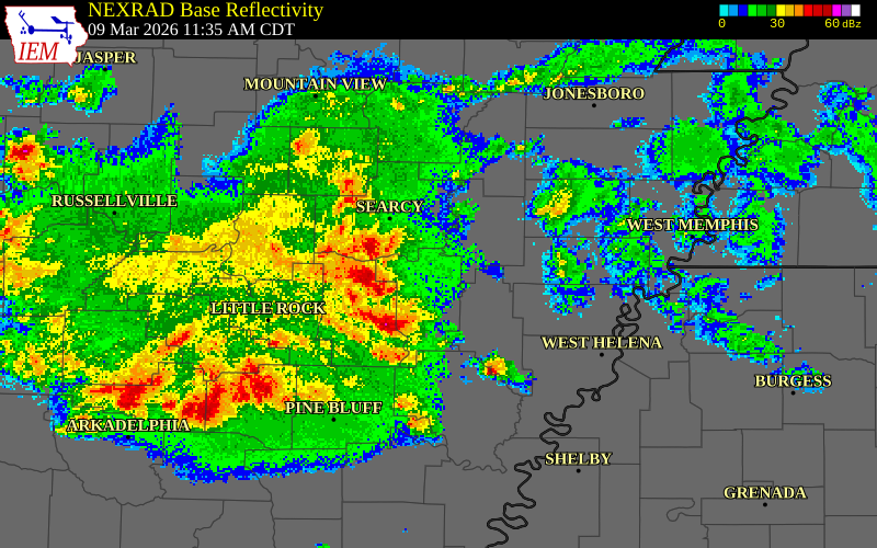 NEXRAD radar during the Monday, March 9, 2026 storm activity in Woodruff County, Arkansas