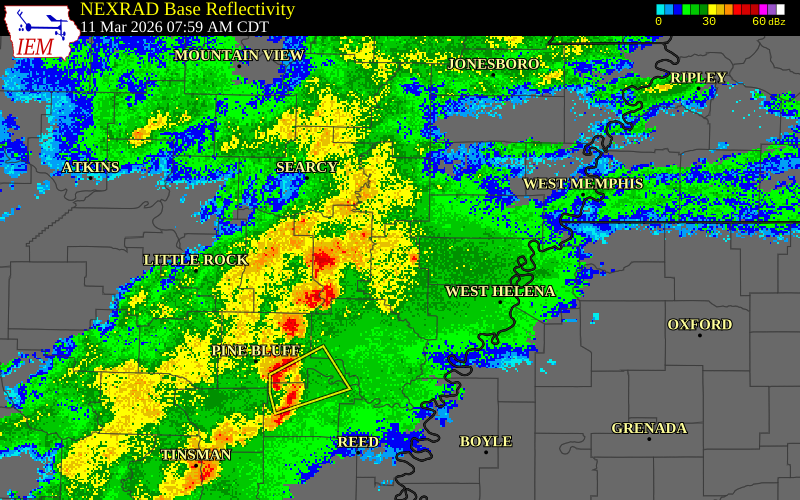 NEXRAD radar during the Wednesday, March 11, 2026 storm activity in Woodruff County, Arkansas