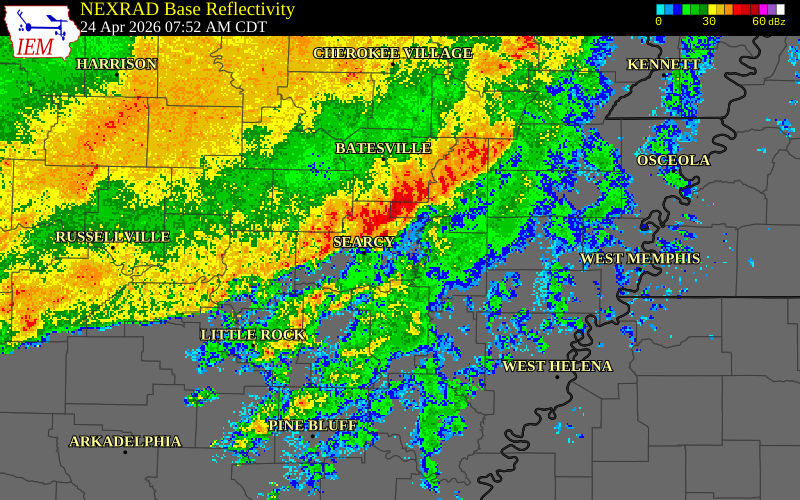NEXRAD radar during the Friday, April 24, 2026 storm activity in Woodruff County, Arkansas