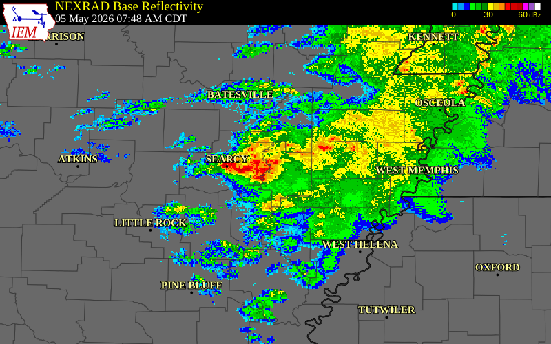 NEXRAD radar during the Tuesday, May 5, 2026 storm activity in Woodruff County, Arkansas
