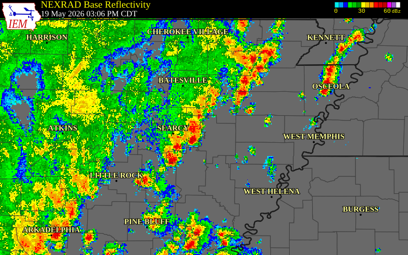 NEXRAD radar during the Tuesday, May 19, 2026 storm activity in Woodruff County, Arkansas